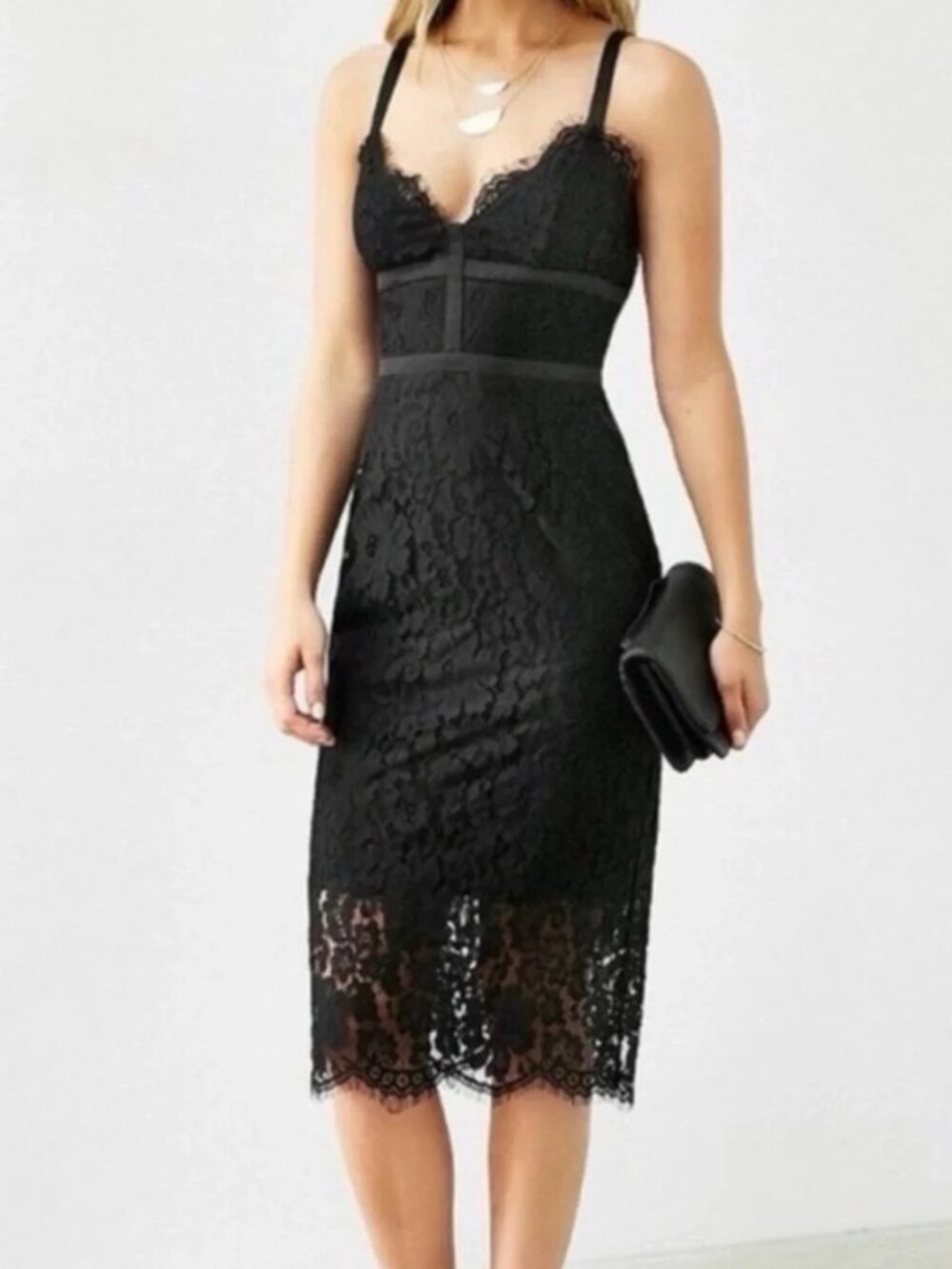 Express Black Lace Midi Dress Size 8 Spaghetti Strap Bodycon V-Neck Cocktail